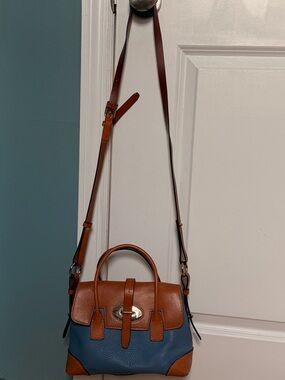 Leather Two-Tone Crossbody Satchel - Blue and Brown